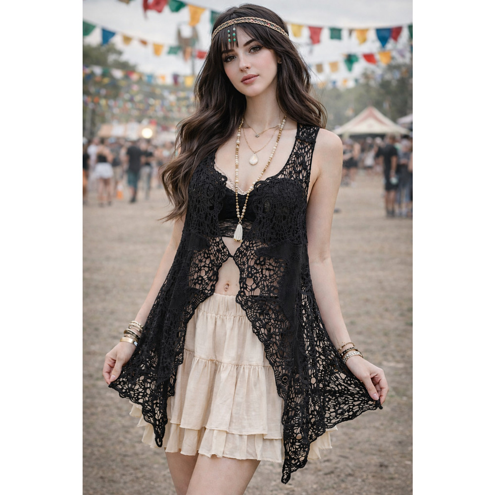 Boho Crochet Lace Black Vest Size M Y2K Whimsy Goth Fairy Grunge Witchy Festival